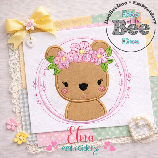 Bear Girl Flowers Frame - Applique - Machine Embroidery Design