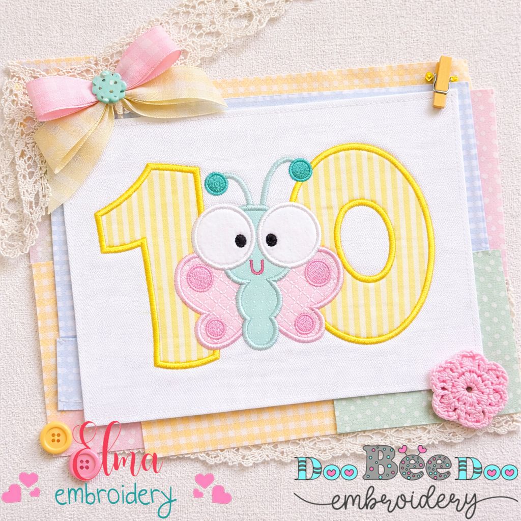 Butterfly Number Ten Applique – Applique Stitch – Machine Embroidery Design