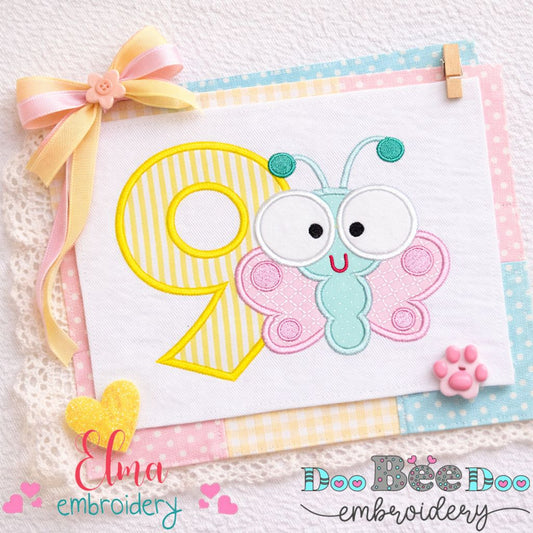 Butterfly Number Nine Applique – Applique Stitch – Machine Embroidery Design