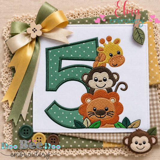 Safari Birthday Five - Appliqué - Machine Embroidery Design