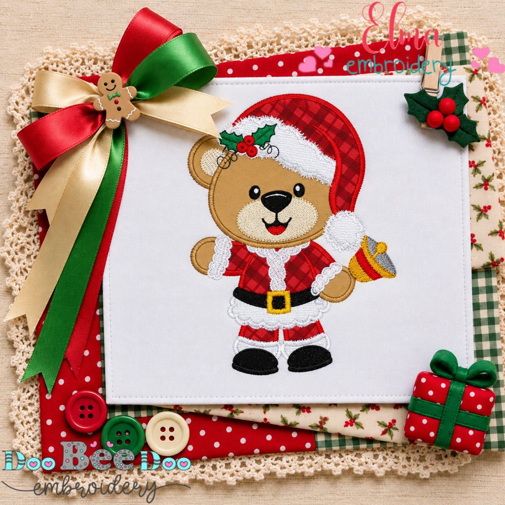 Jingle Bell Santa Teddy - Appliqué - Machine Embroidery Design