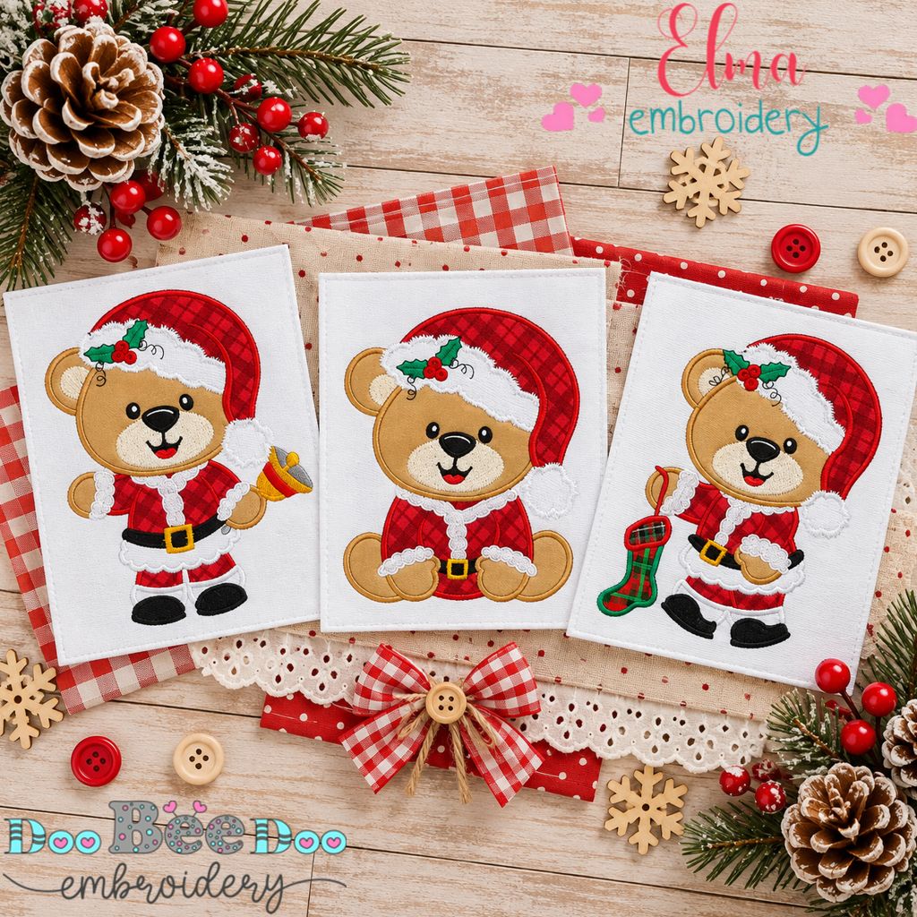 Jolly Little Santa Teddy Bears - Appliqué - Machine Embroidery Design