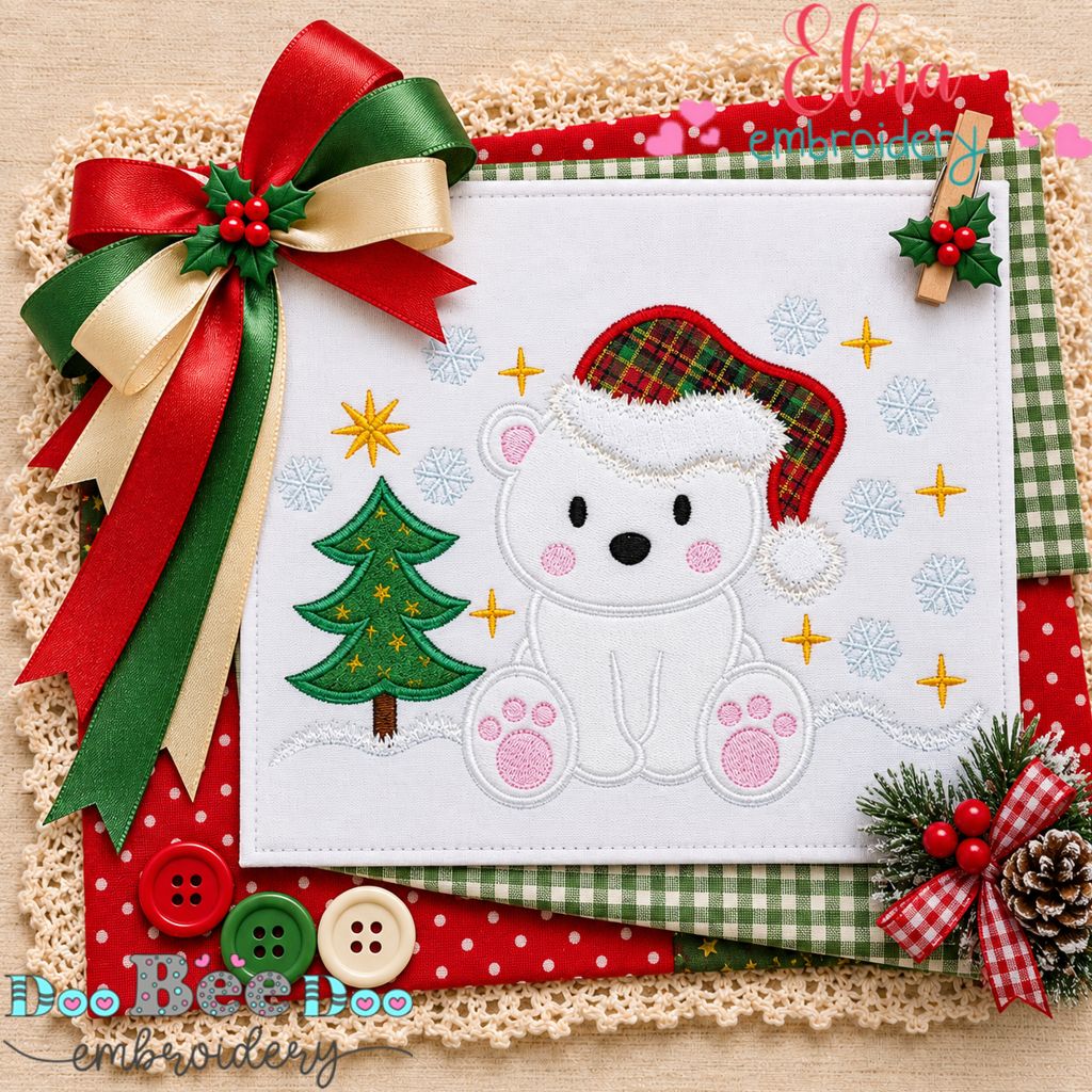 Snowy Christmas Polar Bear - Appliqué - Machine Embroidery Design