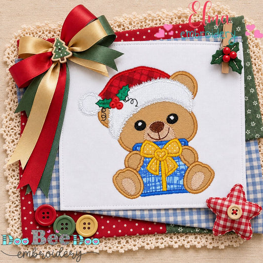 Christmas Gift Teddy Bear - Appliqué - Machine Embroidery Design