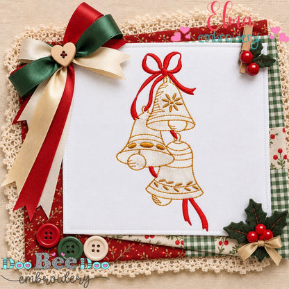 Christmas Bells & Bow - Redwork Stitch - Machine Embroidery Design