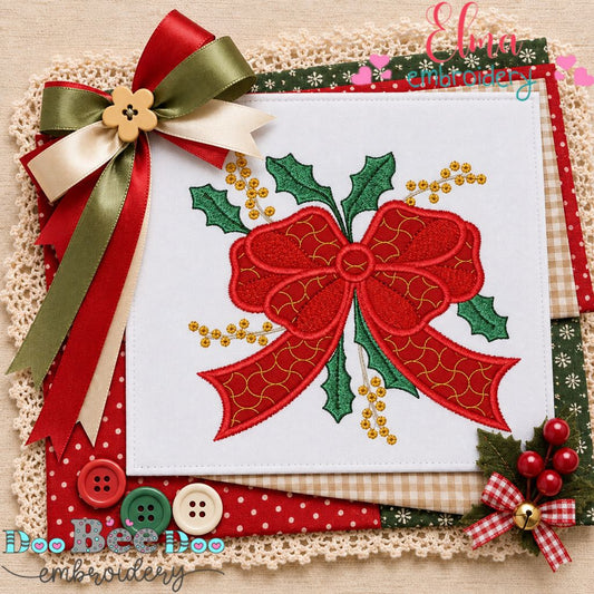 Christmas Holly Bow - Appliqué - Machine Embroidery Design