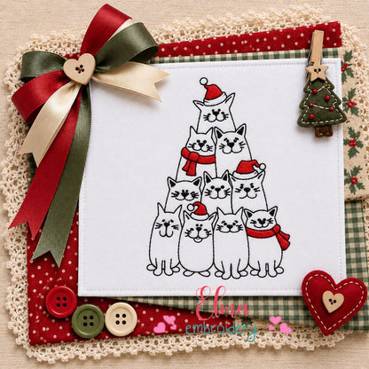 Christmas Kitty Tower - Redwork Stitch - Machine Embroidery Design