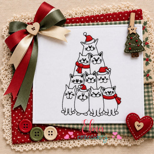 Christmas Kitty Tower - Redwork Stitch - Machine Embroidery Design