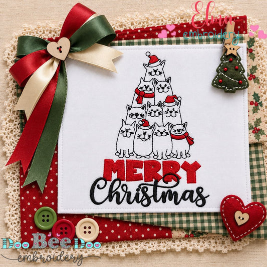 Merry Christmas Kitty Tree - Redwork Stitch - Machine Embroidery Design