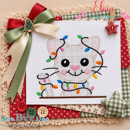 Christmas Lights Kitty - Applique - Machine Embroidery Design