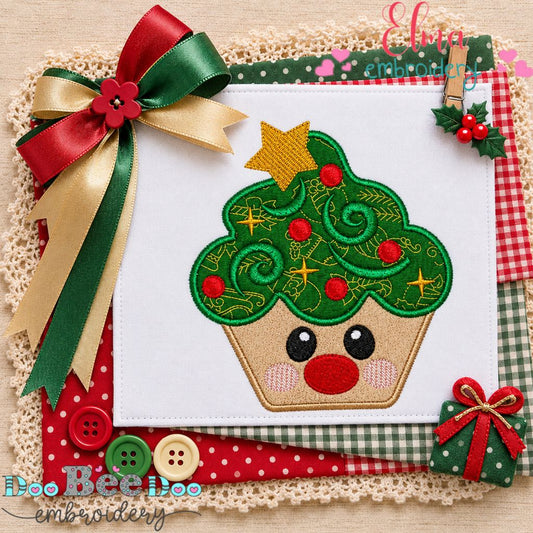 Sweet Christmas Tree Cupcake - Appliqué - Machine Embroidery Design