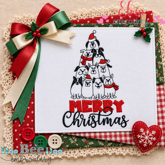 Merry Christmas Puppy Tree - Redwork Stitch - Machine Embroidery Design