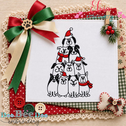 Christmas Puppy Tower - Redwork Stitch - Machine Embroidery Design