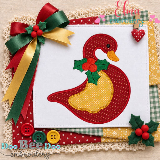 Holly Christmas Duck - Appliqué - Machine Embroidery Design