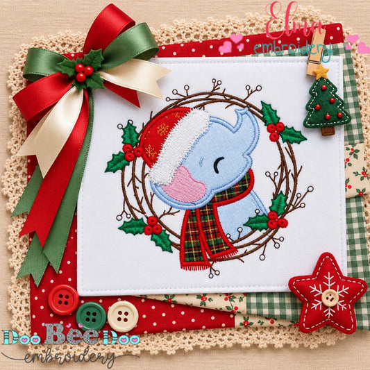 Sweet Christmas Elephant Wreath - Appliqué - Machine Embroidery Design