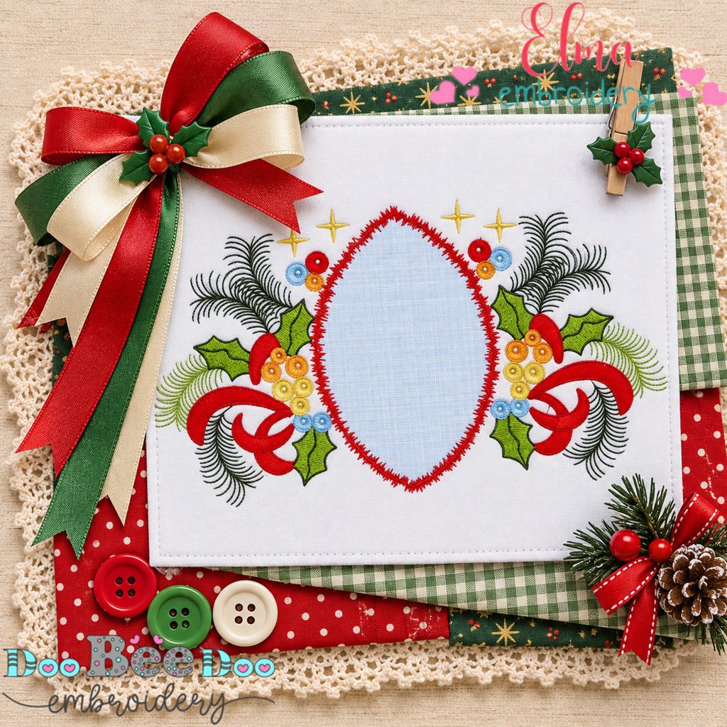 Festive Christmas Oval Frame - Appliqué - Machine Embroidery Design