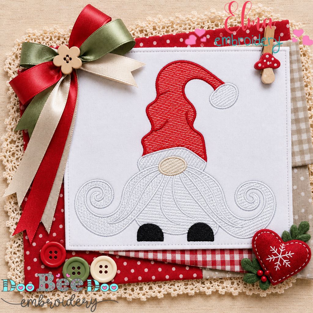 Whimsical Mustache Christmas Gnome - Sketch Stitch - Machine Embroidery Design
