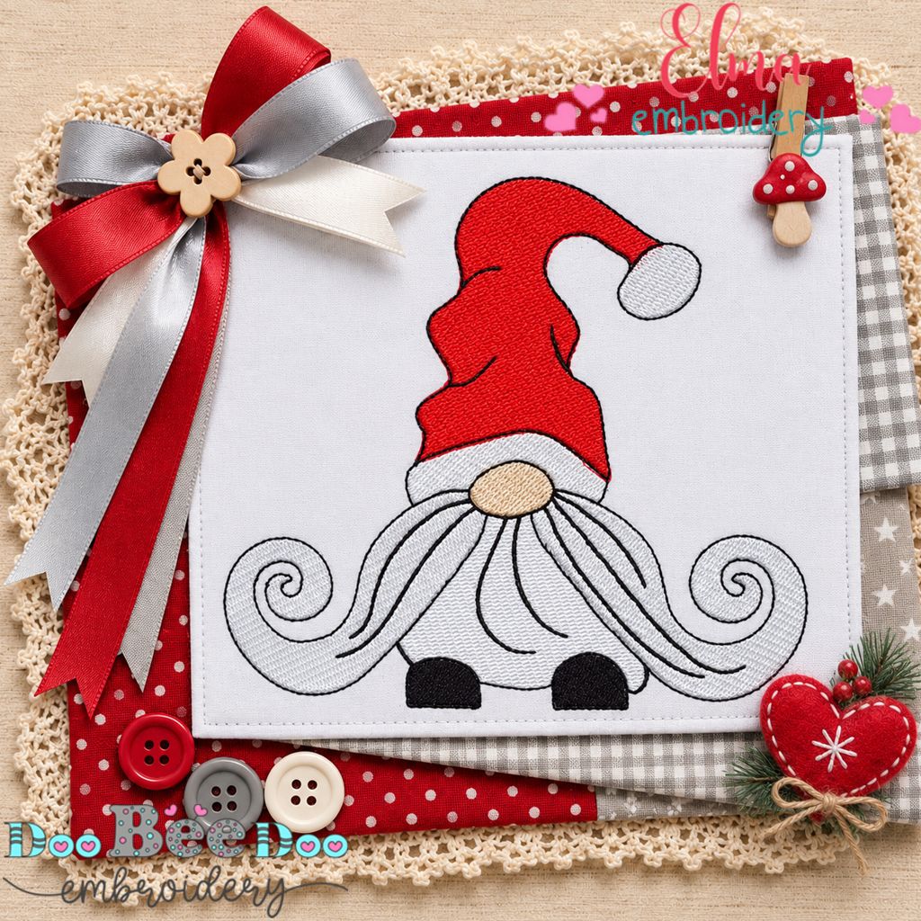 Curly Mustache Christmas Gnome - Fill Stitch - Machine Embroidery Design