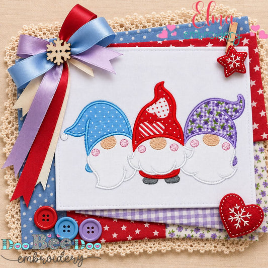 Three Sweet Little Gnomes - Appliqué - Machine Embroidery Design