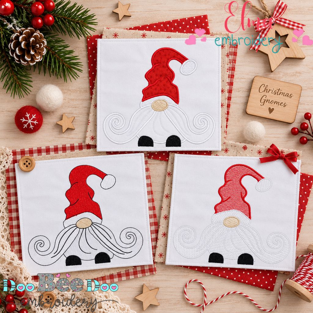 Curly Mustache Christmas Gnome - Fill Stitch, Sketch & Applique - Machine Embroidery Design
