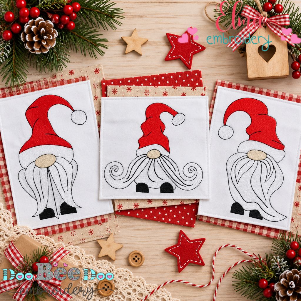 Cozy Christmas Gnome Trio - Fill Stitch - Machine Embroidery Design