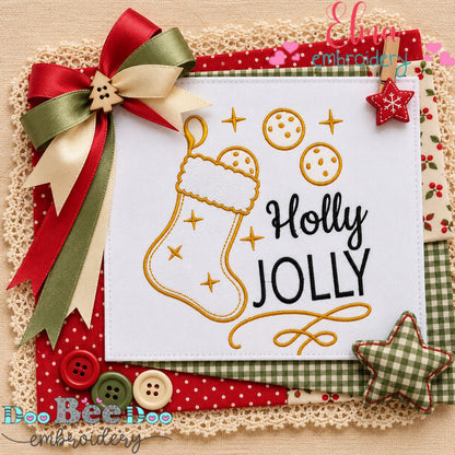 Holly Jolly Christmas Stocking - Satin Stitch - Machine Embroidery Design