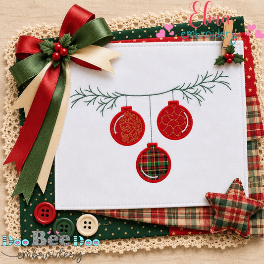 Christmas Baubles on Evergreen Branch - Appliqué - Machine Embroidery Design