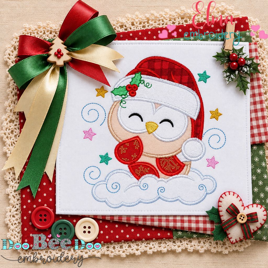 Christmas Cloud Owl - Appliqué - Machine Embroidery Design