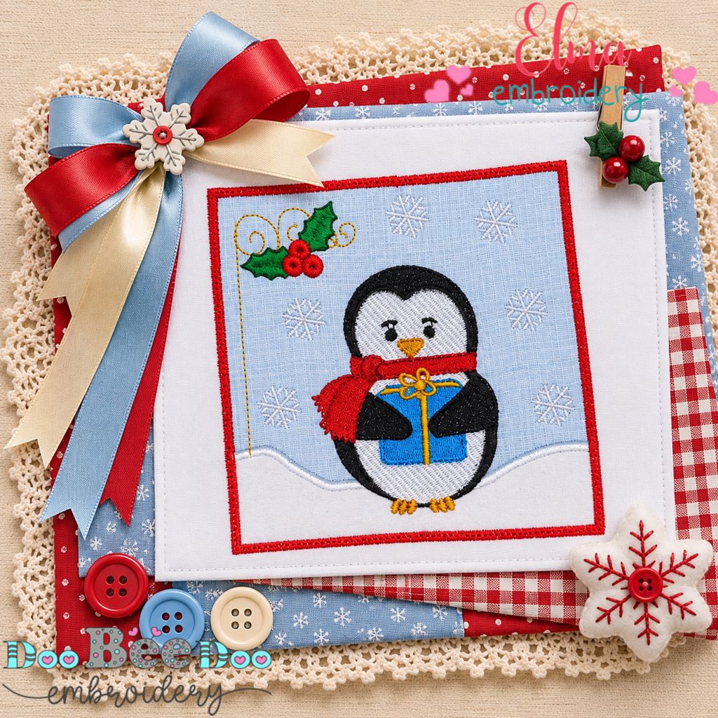 Christmas Penguin Gift - Appliqué - Machine Embroidery Design
