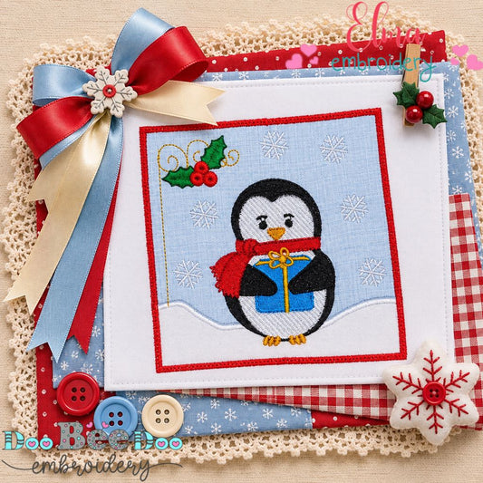 Christmas Penguin Gift - Appliqué - Machine Embroidery Design