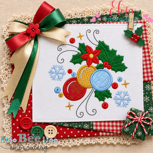 Christmas Poinsettia & Ornaments - Appliqué - Machine Embroidery Design