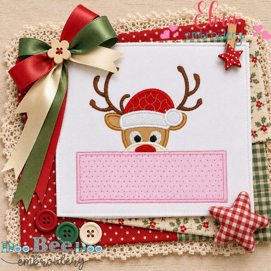 Peekaboo Christmas Reindeer Name Frame - Appliqué - Machine Embroidery Design