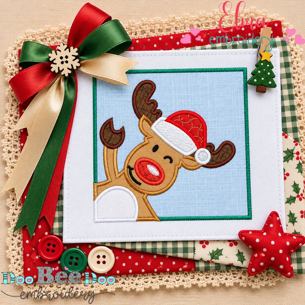 Peekaboo Christmas Reindeer Frame - Appliqué - Machine Embroidery Design