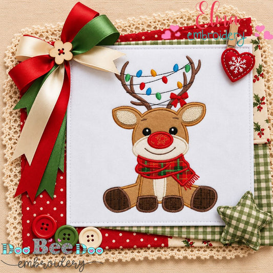 Rudolph's Twinkling Christmas Lights - Appliqué - Machine Embroidery Design