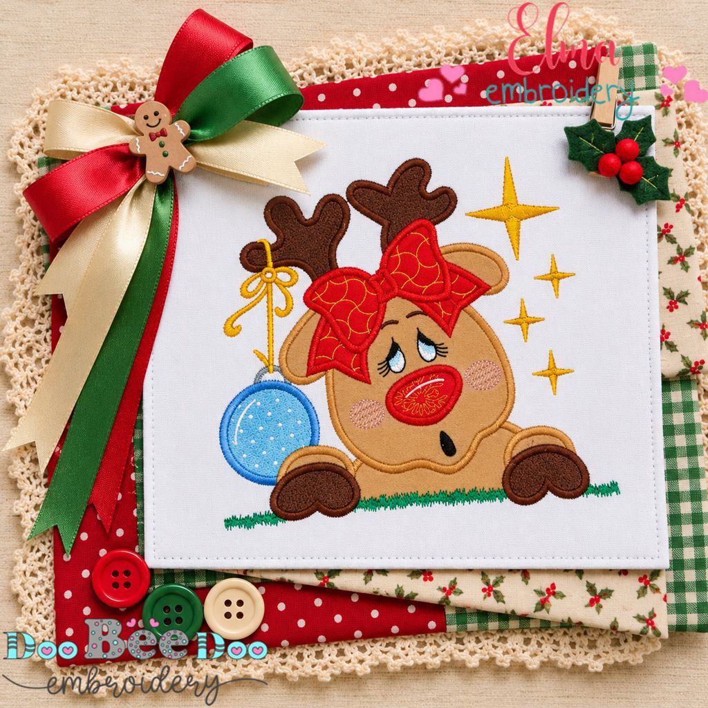 Sweet Little Reindeer with Big Bow - Appliqué - Machine Embroidery Design