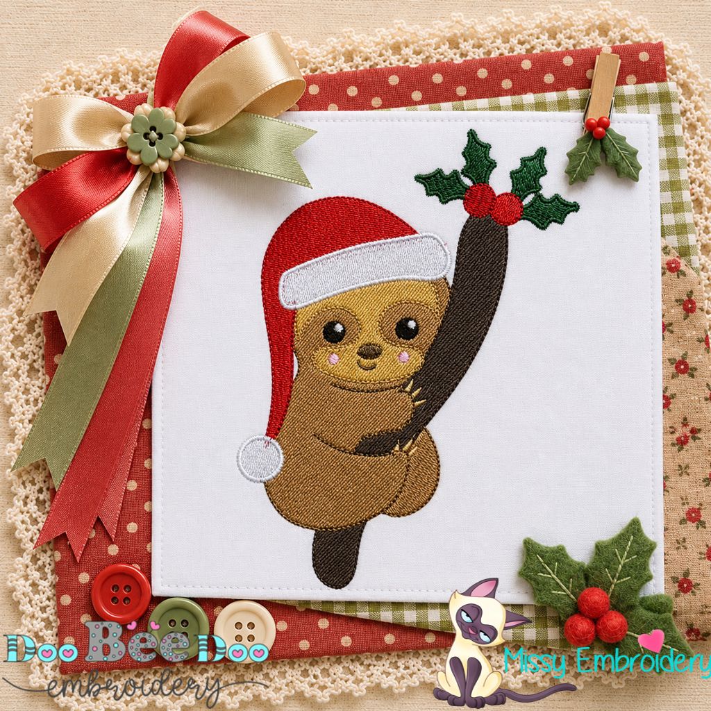 Merry Hanging Sloth - Fill Stitch - Machine Embroidery Design