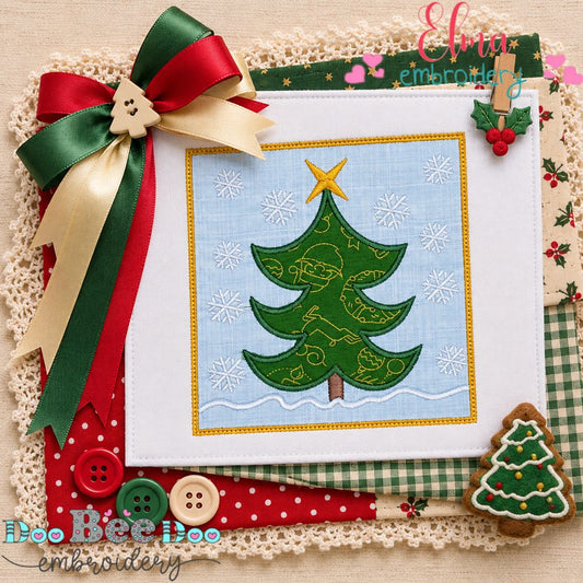 Snowy Christmas Tree Frame - Appliqué - Machine Embroidery Design