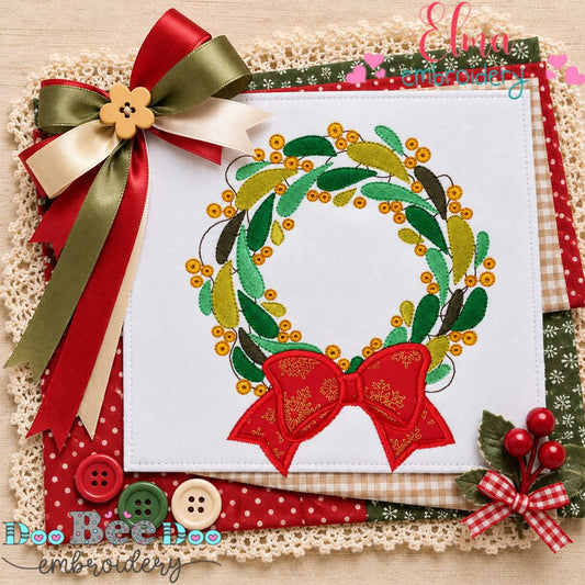 Christmas Mistletoe Wreath - Appliqué - Machine Embroidery Design