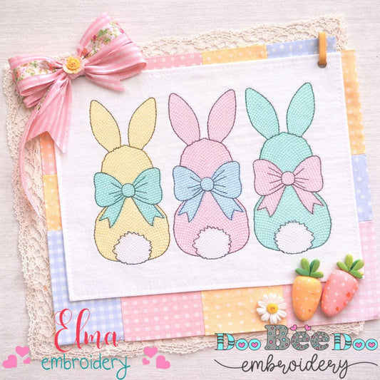 Bunny Trio Bows – Rippled Stitch – Machine Embroidery Design