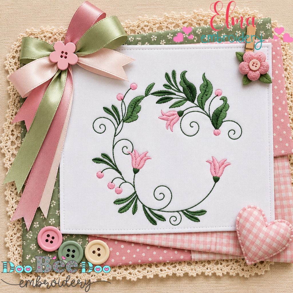 Whispering Garden Floral Wreath - Satin Stitch - Machine Embroidery Design