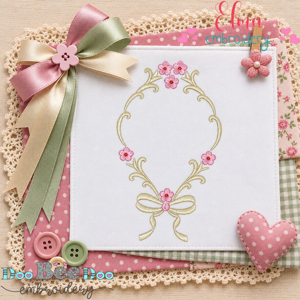 Sweet Blossom Ribbon Frame - Satin Stitch - Machine Embroidery Design