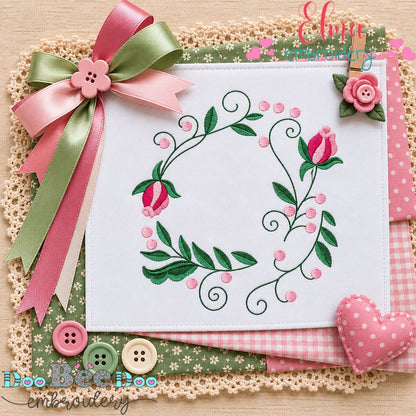 Blushing Rose Garden Wreath - Satin Stitch - Machine Embroidery Design