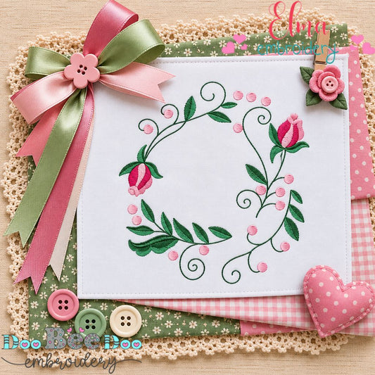 Blushing Rose Garden Wreath - Satin Stitch - Machine Embroidery Design