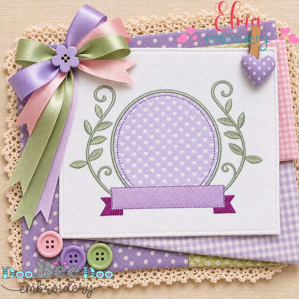 Sweet Botanical Ribbon Frame - Appliqué - Machine Embroidery Design