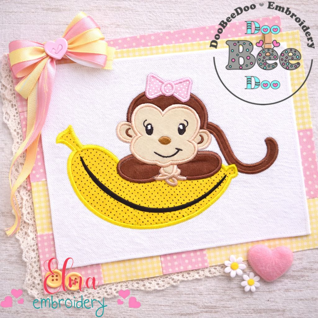 Monkey Girl on Banana – Applique Stitch – Machine Embroidery Design