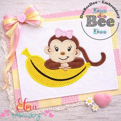 Monkey Girl on Banana – Applique Stitch – Machine Embroidery Design