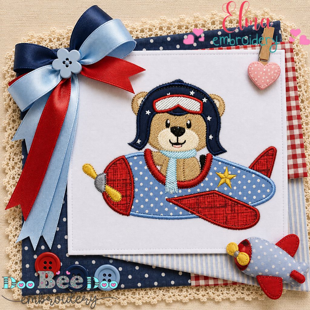 Flying Bear Pilot - Appliqué - Machine Embroidery Design