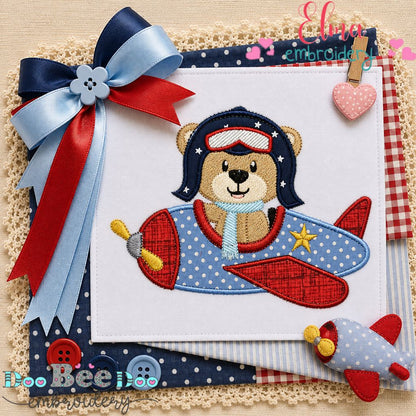 Flying Bear Pilot - Appliqué - Machine Embroidery Design