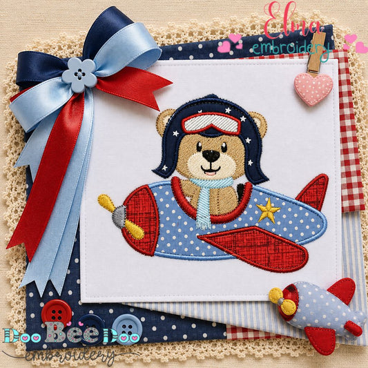 Flying Bear Pilot - Appliqué - Machine Embroidery Design