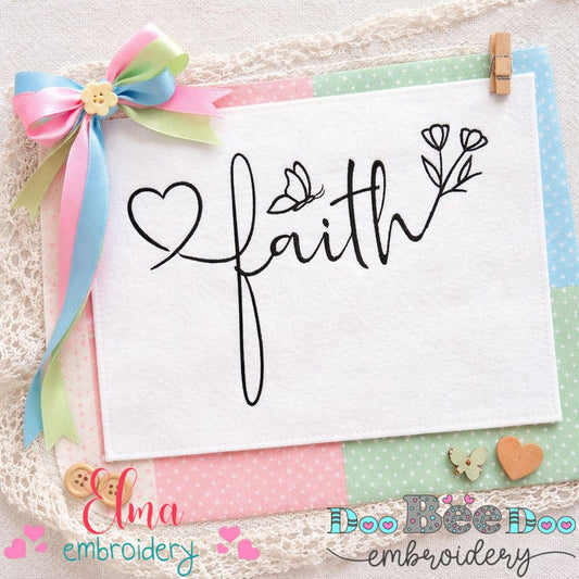 Faith Script with Heart and Butterfly – Satin Stitch – Machine Embroidery Design